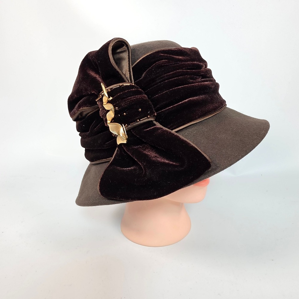 Betmar New York Womens Brown Wool Cloche Hat Velvet Bow Dress Church Hat
